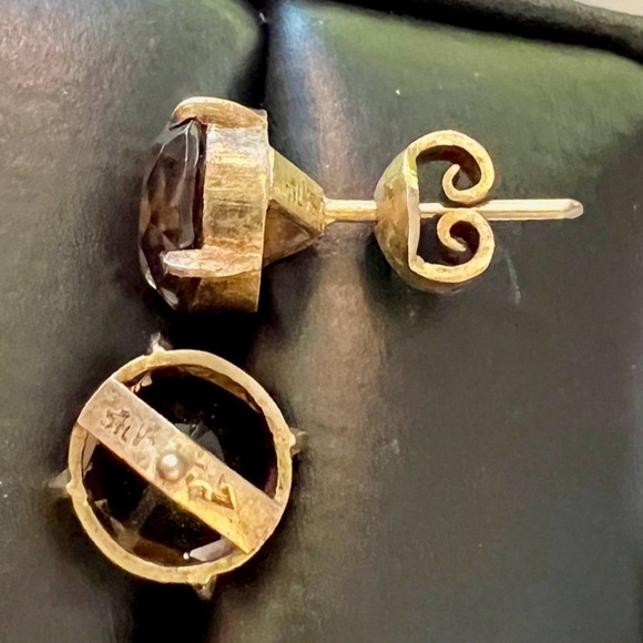 Vintage Handmade Smokey Quartz Stud Earrings. Antique Gold Designer Earrings - Picture 1 of 17